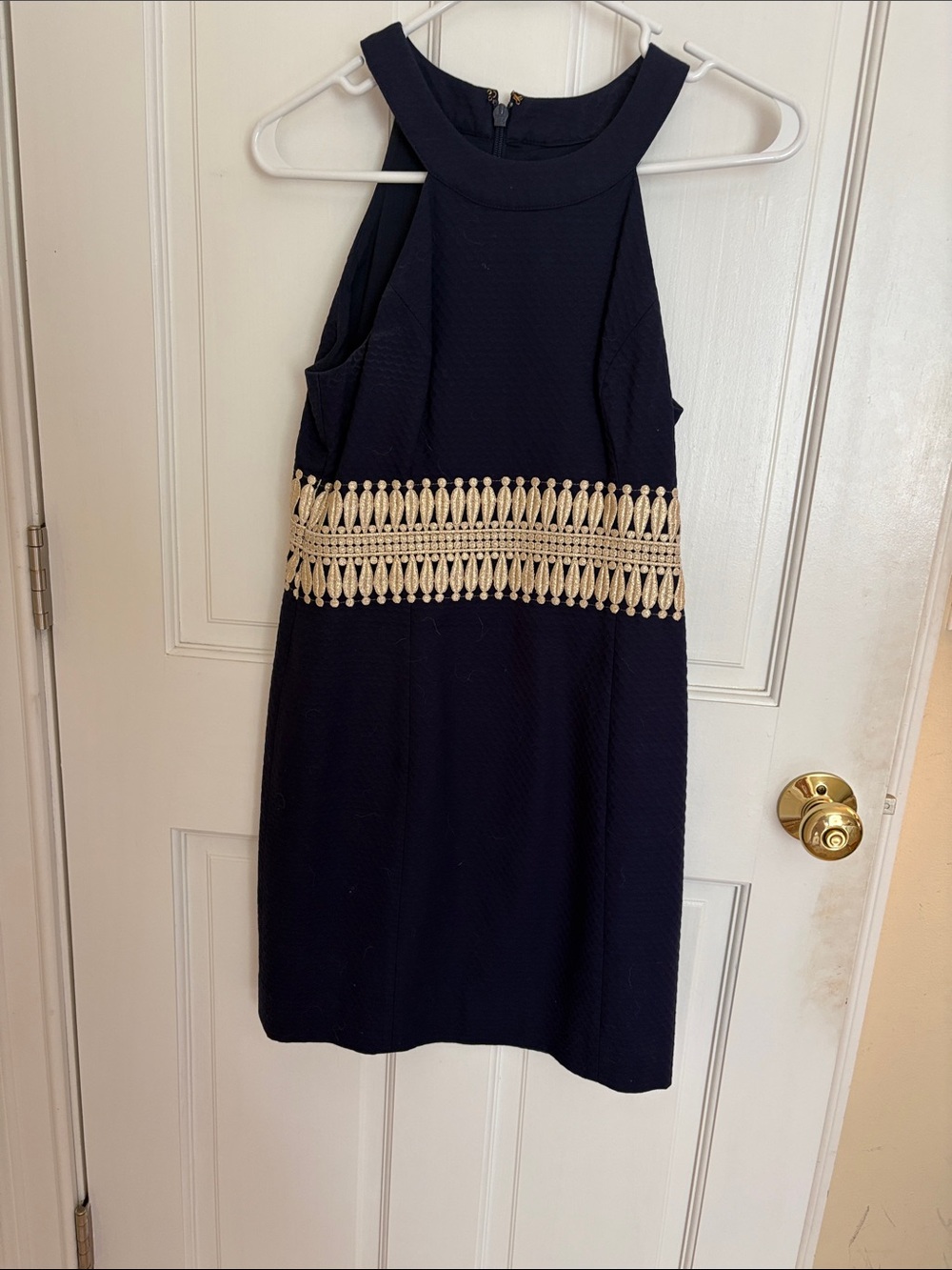 Lilly Pulitzer Navy Dress gold Cream Crochet Waist 
Size 00